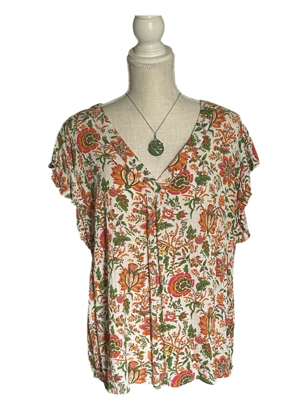 Nicole Miller Bright Multi floral Ikat print blouse ruffle short sleeves V-neck